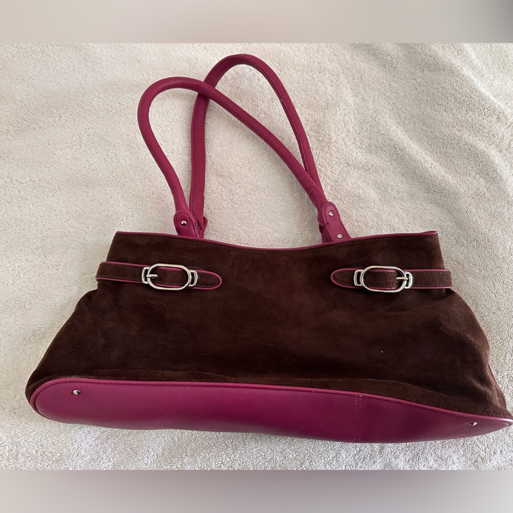 Cole Haan suede and leather handbag. EUC. Brown and magenta. Interior pockets.